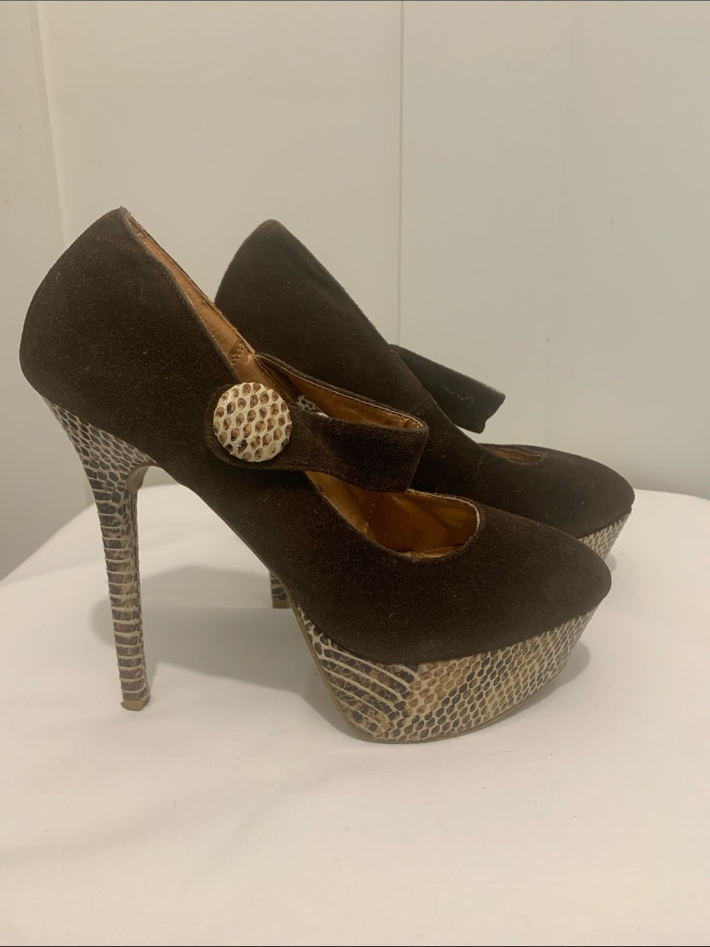 Promise Brown Suede Pumps with Snakeskin Platform and Heel